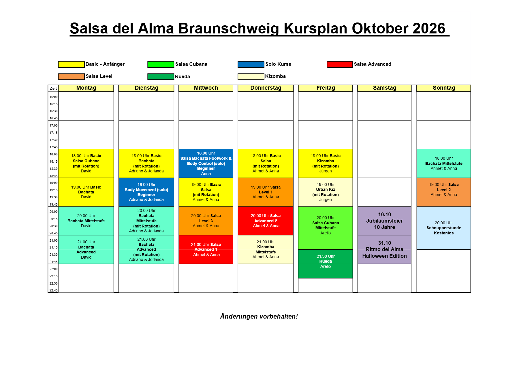 Kursplan Oktober 2026 von Salsa del Alma Braunschweig